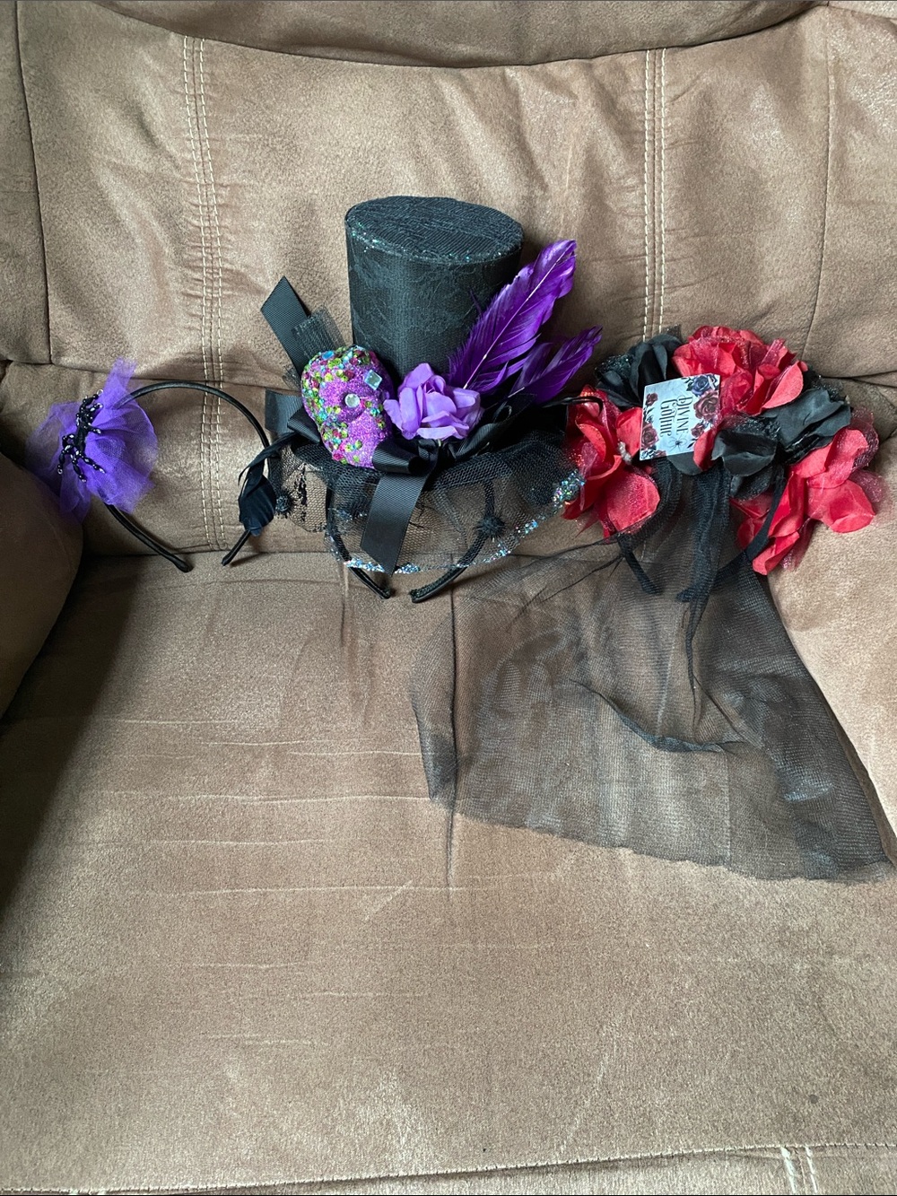 Black Mini Top Hat Fascinator with Purple Accents set of 3